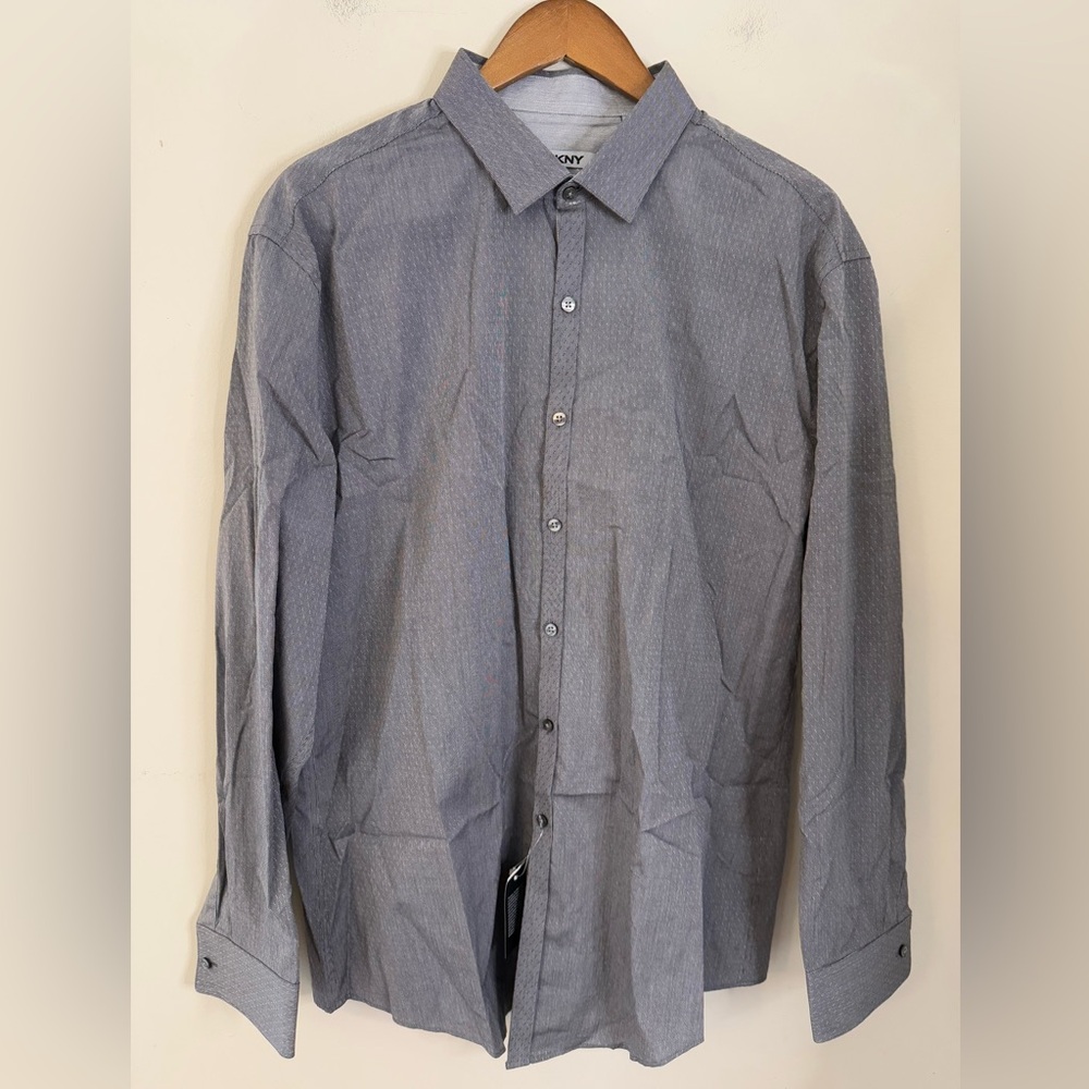 DKNY Slim Fit Asphalt gray fine stripes white dotted metro button up SZ 17 34/35